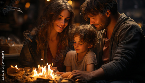 A happy family sitting together, enjoying the warmth of fire generated by AI