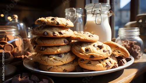 Freshly baked homemade chocolate chip cookies on a rustic wooden plate generated by AI