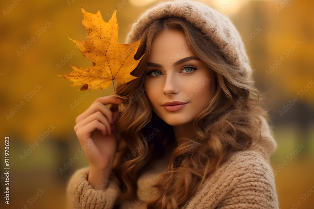beauty woman in an outdoor setting during autumn. The woman is wearing a warm, textured sweater and a hat. Golden yellow leaves, indicative of the fall season beauty woman in an outdoor setting during autumn. The woman is wearing a warm, textured sweater and a hat. Golden yellow leaves, indicative of the fall season