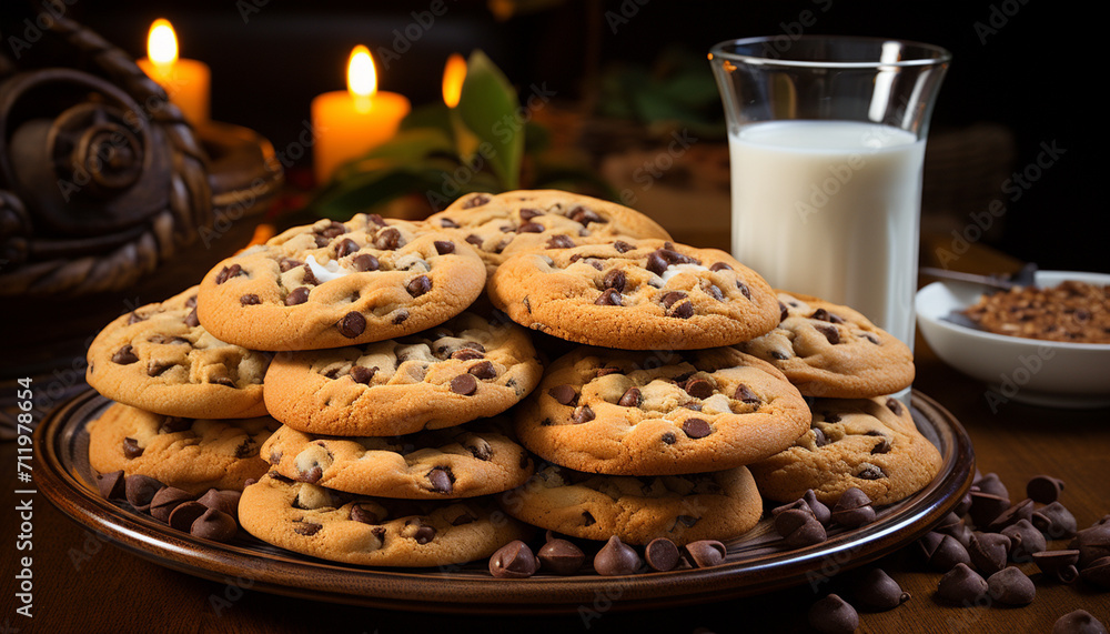 Freshly baked chocolate chip cookies on a rustic wooden table generated by AI Freshly baked chocolate chip cookies on a rustic wooden table generated by AI