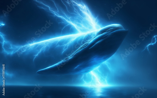 A Spinning Pose of the Nebula's Blue Whale, Cloaked in Mysterious Ominous Hues with Volumetric Fog and Natural Cinematic Color Splash