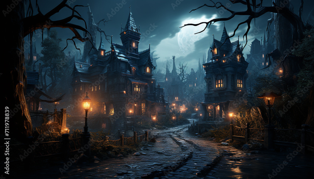 Obraz premium Spooky night, dark horror, foggy Halloween, old tree, fear dusk generated by AI