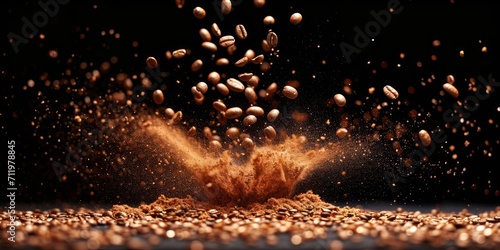 Dynamic explosion of coffee grounds and beans against a black background. photo