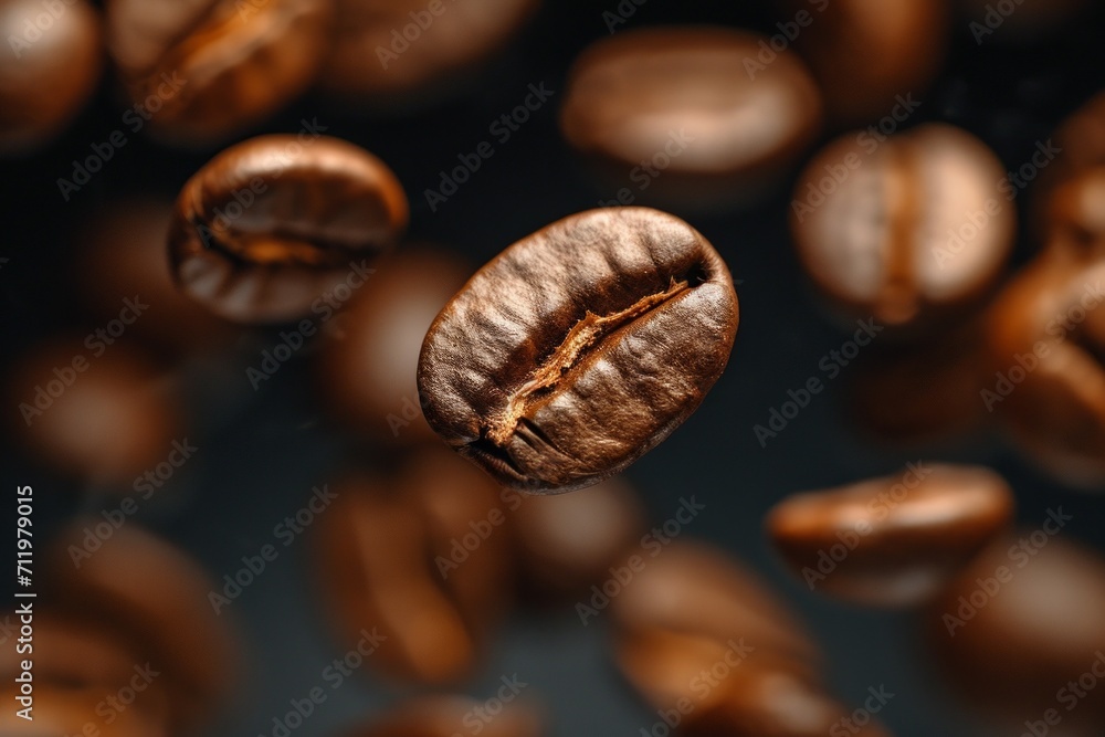 Fototapeta premium Close up of coffee beans in mid air with a dark background.