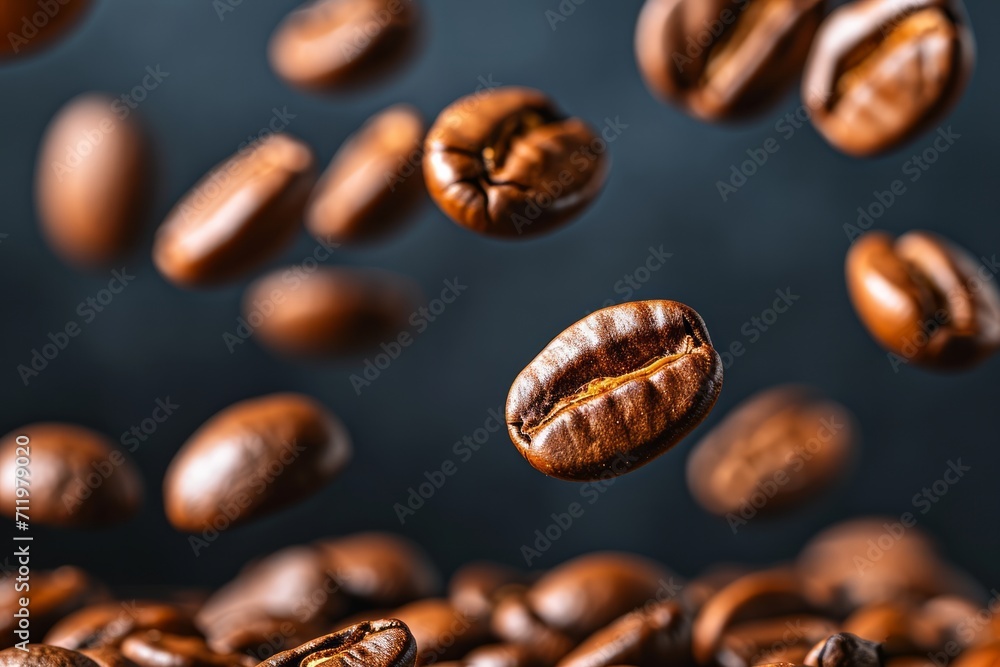 Close up of coffee beans in mid air with a dark background. Close up of coffee beans in mid air with a dark background.