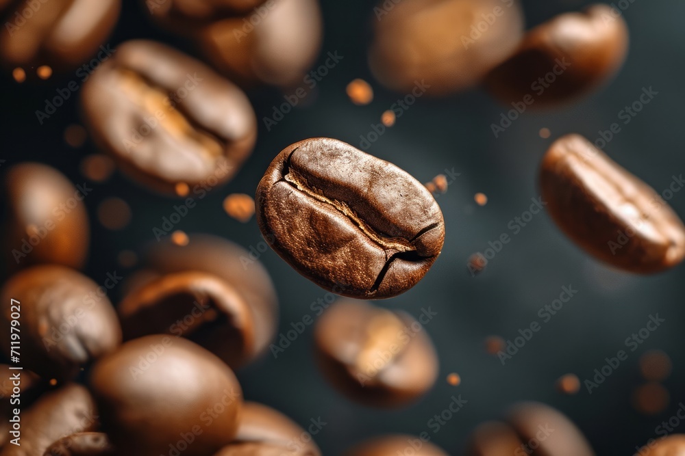 Fototapeta premium Close up of coffee beans in mid air with a dark background.