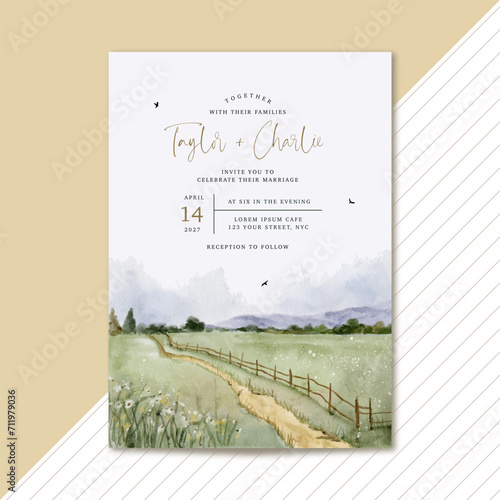 wedding invitation with beautiful field landscape watercolor
