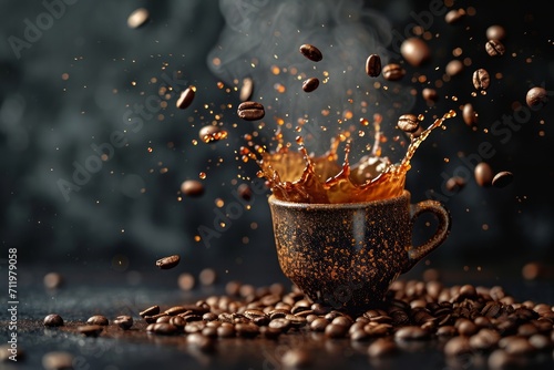 Coffee beans splashing out of a cup with steam on a dark background.
