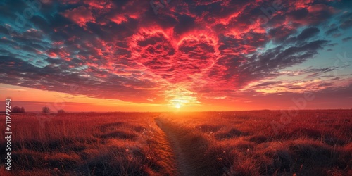 Heart shaped cloud formation with a sunset and a pathway leading towards it.
