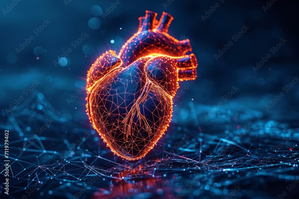 Digital illustration of a human heart in a wireframe design with a dark background. - obrazy, fototapety, plakaty 