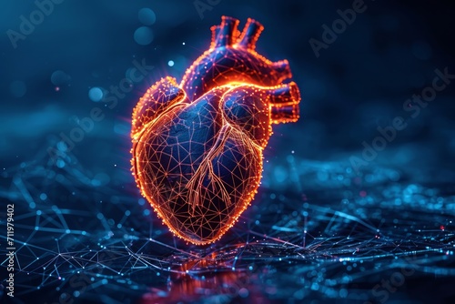 Digital illustration of a human heart in a wireframe design with a dark background. photo