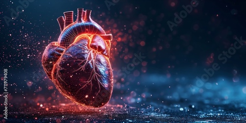 Digital illustration of a human heart in a wireframe design with a dark background.