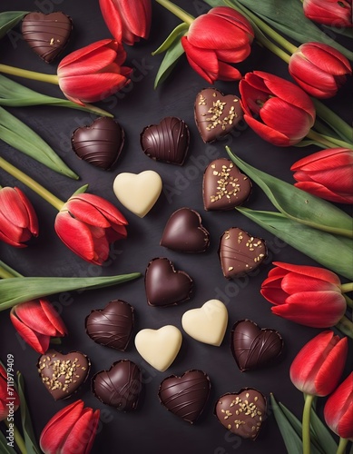 Valentine's day background with tulips and chocolate candies