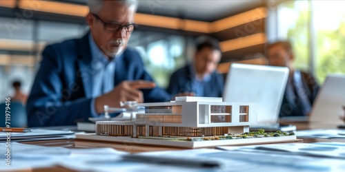 Business professionals with a model building and documents at a meeting.