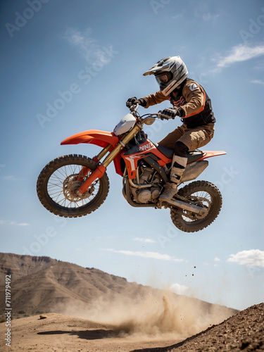 Motocross racer with his motorcycle floating in the sky, at the desert