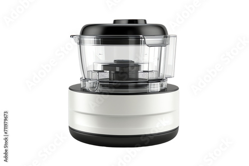 Black and white food processor on a transparent background. Likely plastic, stainless steel for blade components, Black base, white lid and knob, Cylindrical base with a square feeder chut