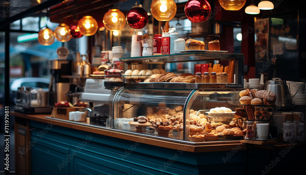 Freshly baked pastries and gourmet desserts fill the small bakery generated by AI