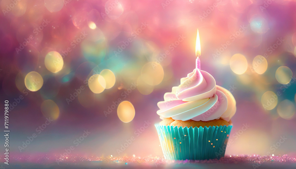 Birthday cupcake with candle on colorful bokeh background.