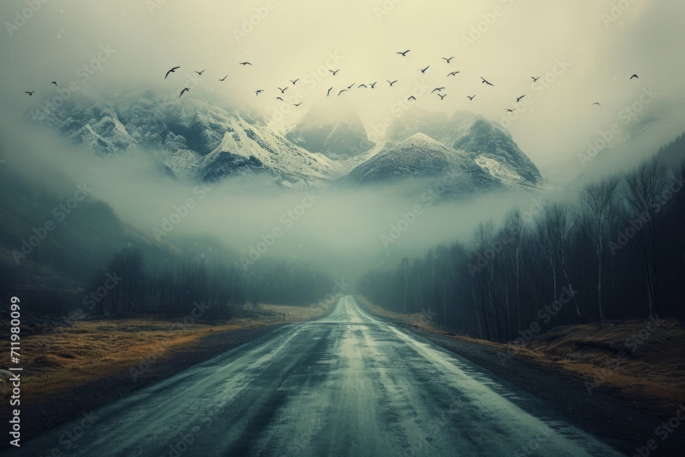 Surreal image of a road transforming into a mountain landscape with flying birds. - obrazy, fototapety, plakaty 