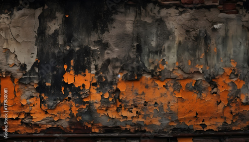 weathered black and orange wall with peeling paint