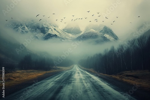 Surreal image of a road transforming into a mountain landscape with flying birds.