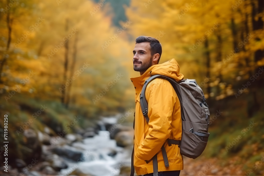 heart of an enchanting forest, a daring adventurer stands tall. Clad in a vibrant yellow jacket and carrying a backpack heart of an enchanting forest, a daring adventurer stands tall. Clad in a vibrant yellow jacket and carrying a backpack