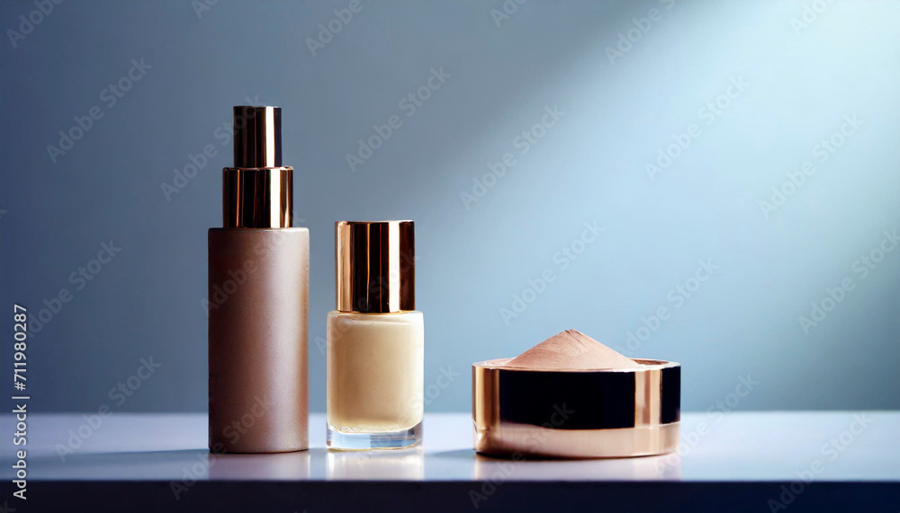 Cosmetic products on blue background with directional light. Cosmetic products on blue background with directional light.