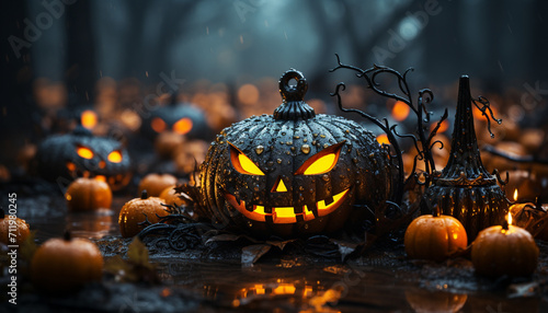 Spooky pumpkin lantern glows in dark autumn night generated by AI
