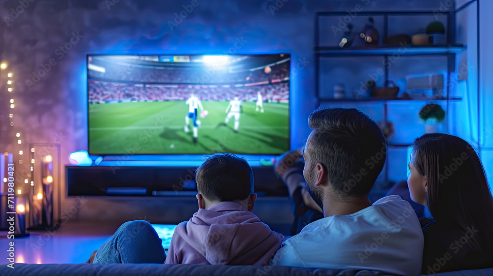 Fototapeta premium Caucasian family watching tv with football match on screen. Global sport concept, digital composite image.