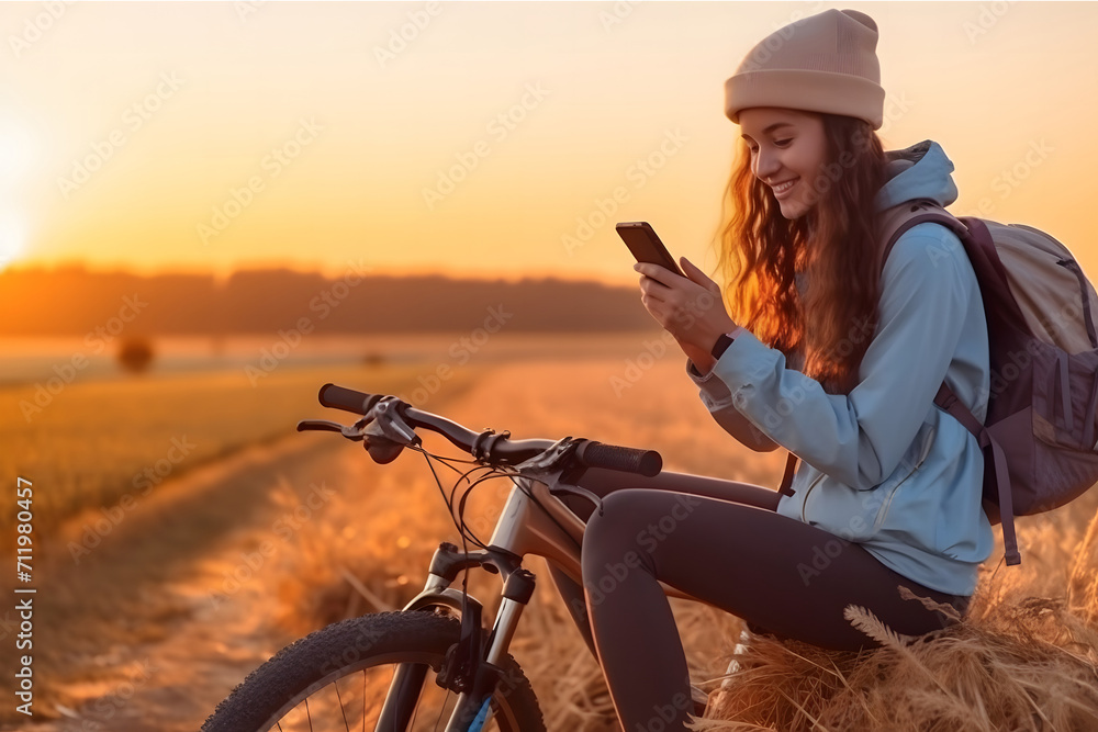 a cyclist taking a break to enjoy the beautiful sunset. woman is seated on a hay bale, engrossed in their phone, with their bicycle parked beside them