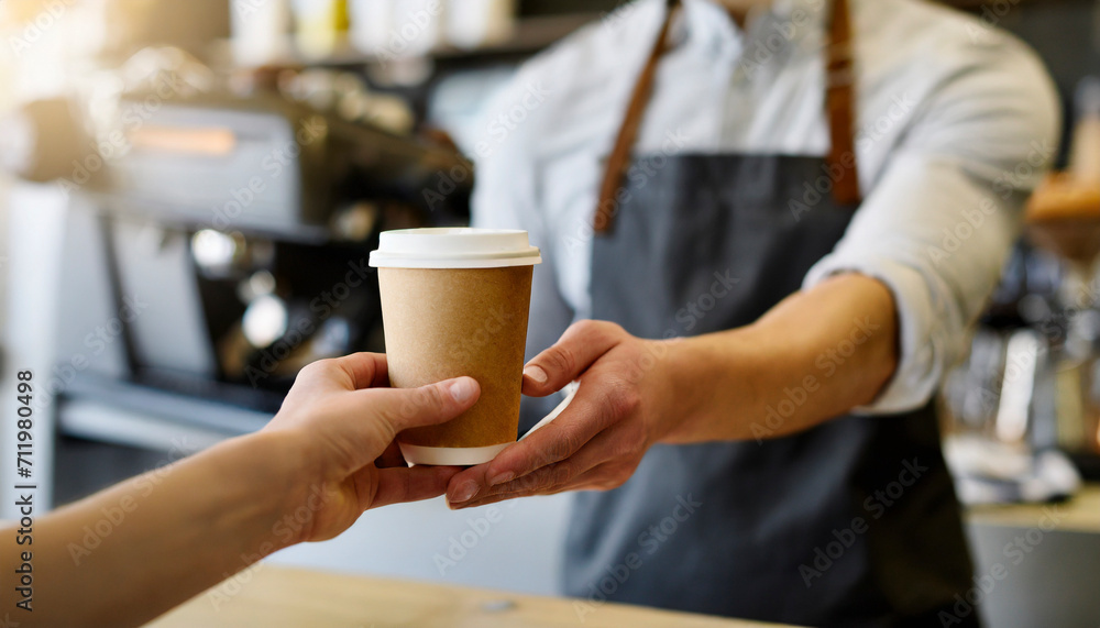 Coffee to go in hand of barista in coffee shop Coffee to go in hand of barista in coffee shop