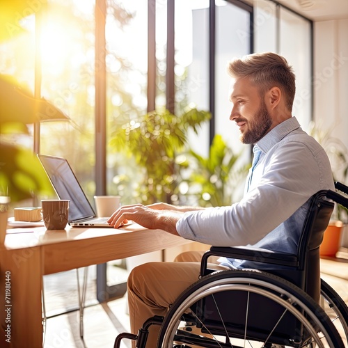 Close up of a young man sitting in a wheelchair working on a laptop at a computer desk, space for text