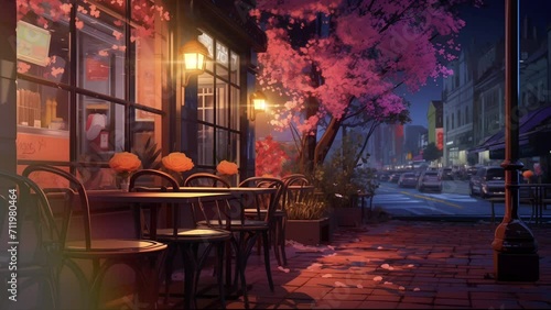 Animated illustration of a coffee shop street scene with a table and a cup of drink at night. Food shop illustration suitable for food business. background animation.