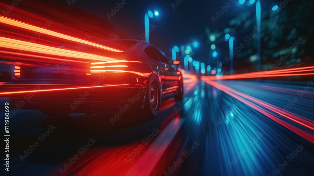 Futuristic car in movement with lights on the road at night time. Timelapse of night driving on illuminated streets. Futuristic car in movement with lights on the road at night time. Timelapse of night driving on illuminated streets.