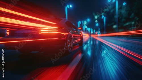 Futuristic car in movement with lights on the road at night time. Timelapse of night driving on illuminated streets. © Pro Hi-Res