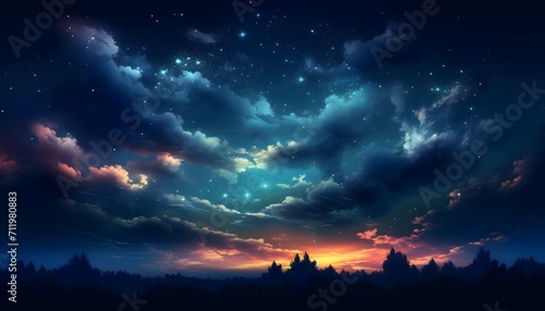 vivid night sky with twinkling stars and fluffy clouds