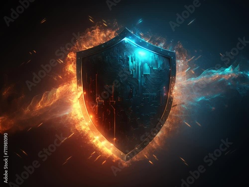 Cyber attack security shield firewall interface protection. seamless looping 4K virtual video animation background photo
