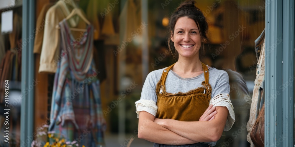 successful Caucasian small business owner showcasing her thriving shop with pride and determination
