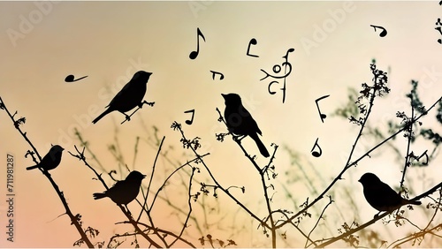 A tranquil scene with bird silhouettes and musical notes against the backdrop of a sunset sky.
