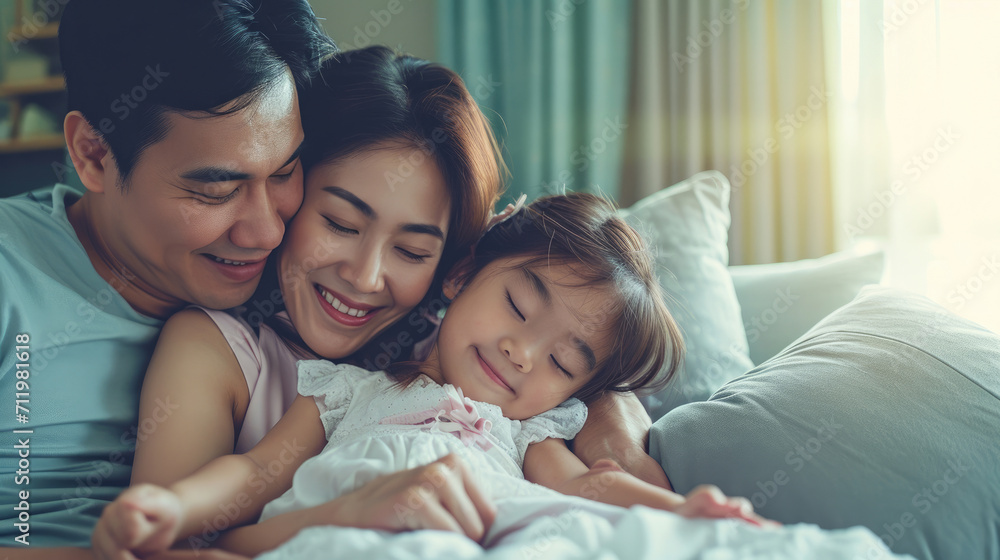 Happy Asian Family mother father and daughter making a fun sleep play in living room home background.