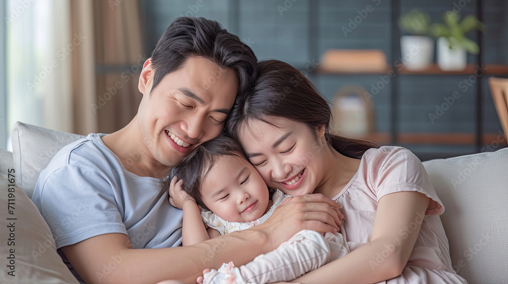 Obraz premium Happy Asian Family mother father and daughter making a fun sleep play in living room home background.