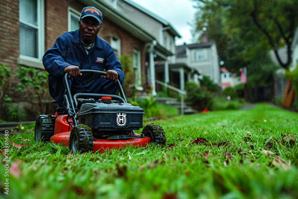 worker mows lawns near customers' houses