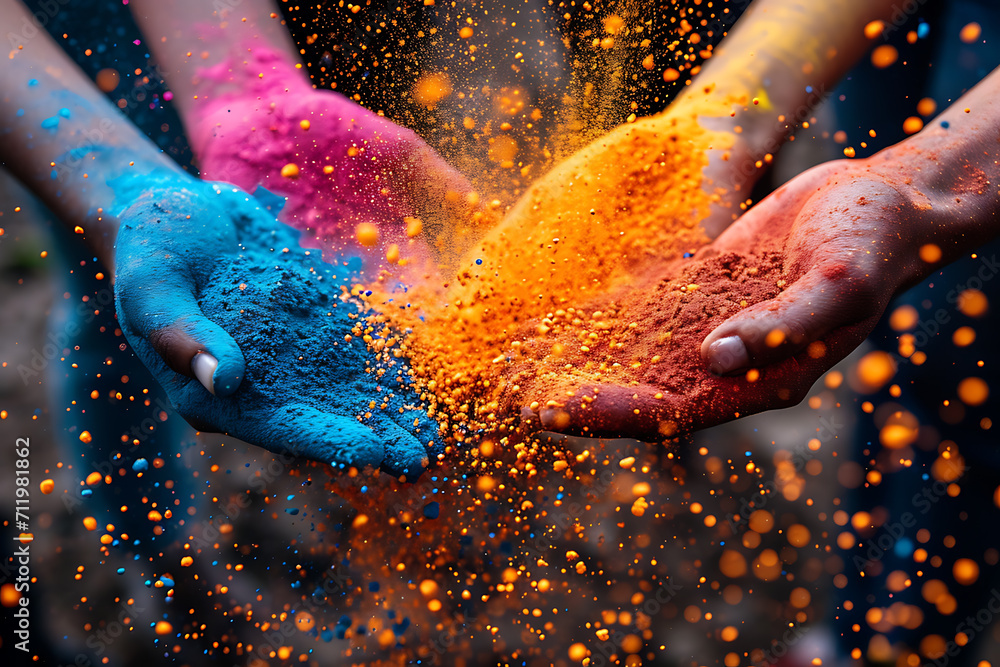 Holi is a popular and significant Hindu festival celebrated as the Festival of Colours, Love and Spring with people throwing different colors of powder paint in the air  - obrazy, fototapety, plakaty 