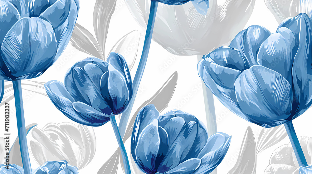 Blue Tulips with a White and Silver Background seamless pattern