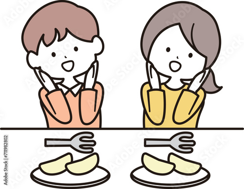 りんごを楽しそうに食べる女の子と男の子のイラスト素材