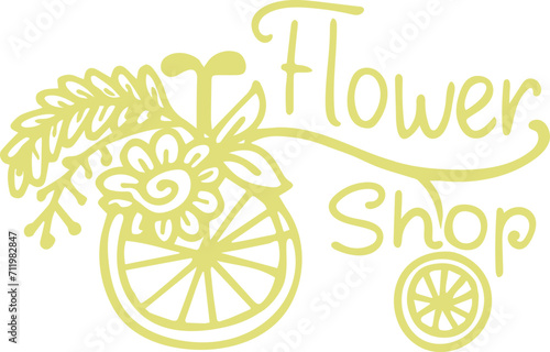 Floral logo with vintage bicycle and a basket of flowers. Green and yellow fl...