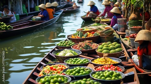 Floating market in Thailand with boats full of fresh fruits and vegetables
