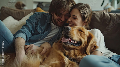 Happy Couple Play with Their Dog, Gorgeous Brown Labrador Retriever. Boyfriend and Girlfriend Tease, Pet and Scratch Super Happy Doggy, Have Fun in the Stylish Living Room