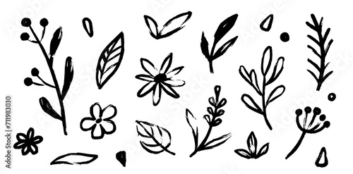 Flower doodle hand drawn line stroke. Sketch hand drawn spring floral plant, nature graphic leaf, scribble grunge brush texture. Vector simple flower, leaf brush stroke. Vector illustration