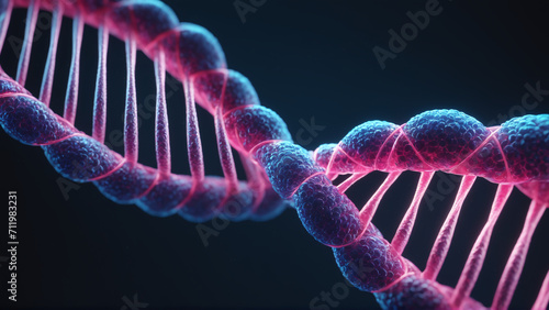 3d image of DNA, blue purple, deoxyribonucleic acid, genetic strands, dna helices. AI generated photo